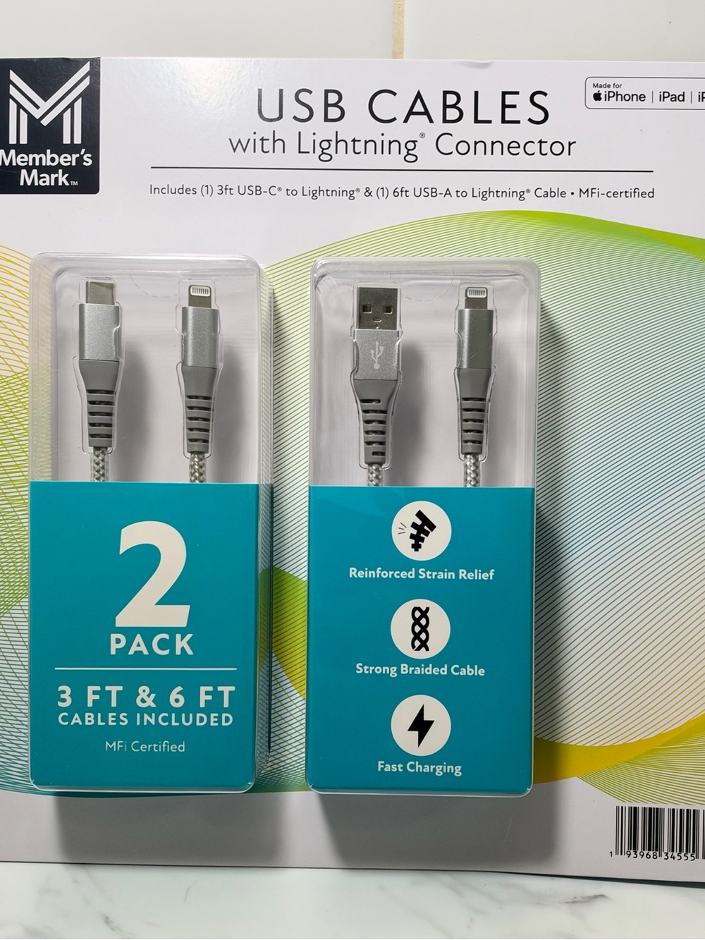 Member's Mark Silver Braided Lightning Cable 2-Pack (3ft & 6ft)